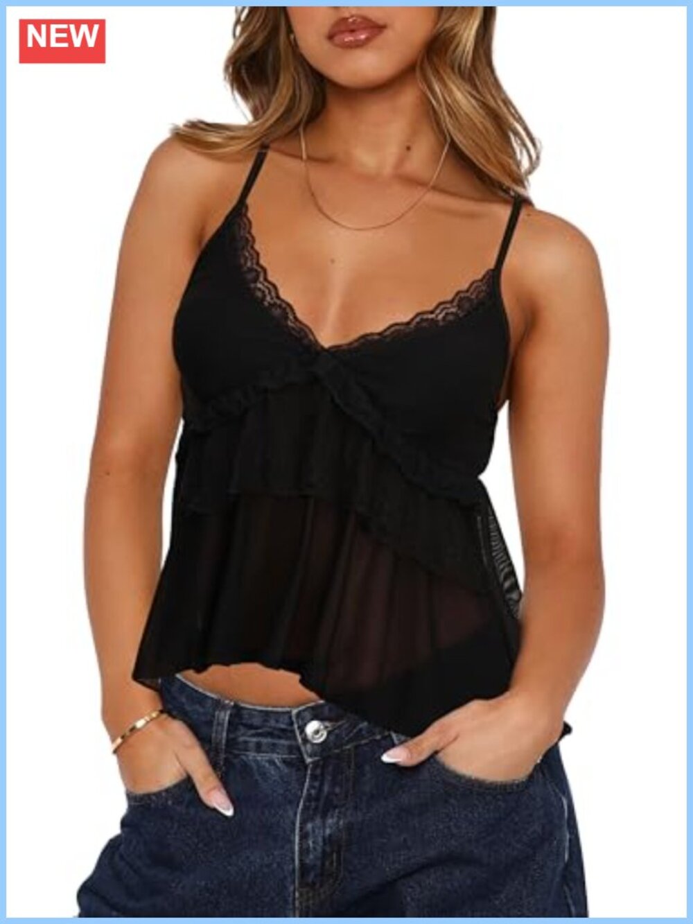 Sheer Mesh Lace Cami Top Spaghetti Strap Ruffled Tank Top